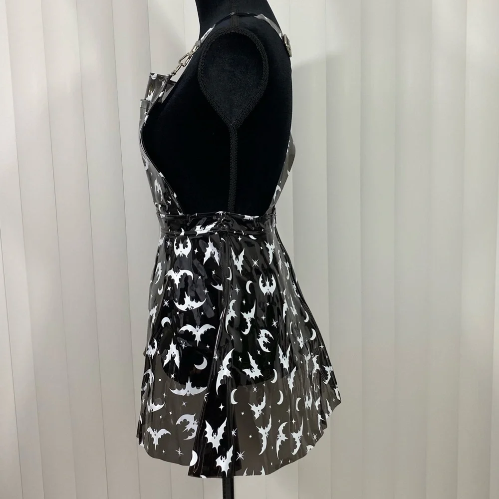 TRICKZ N TREATZ Bat My Lashes Print PVC Vinyl Mini Dress Bat Crescent Moon Black - Picture 10 of 14